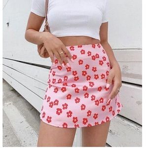 pink and red flower silk skirt